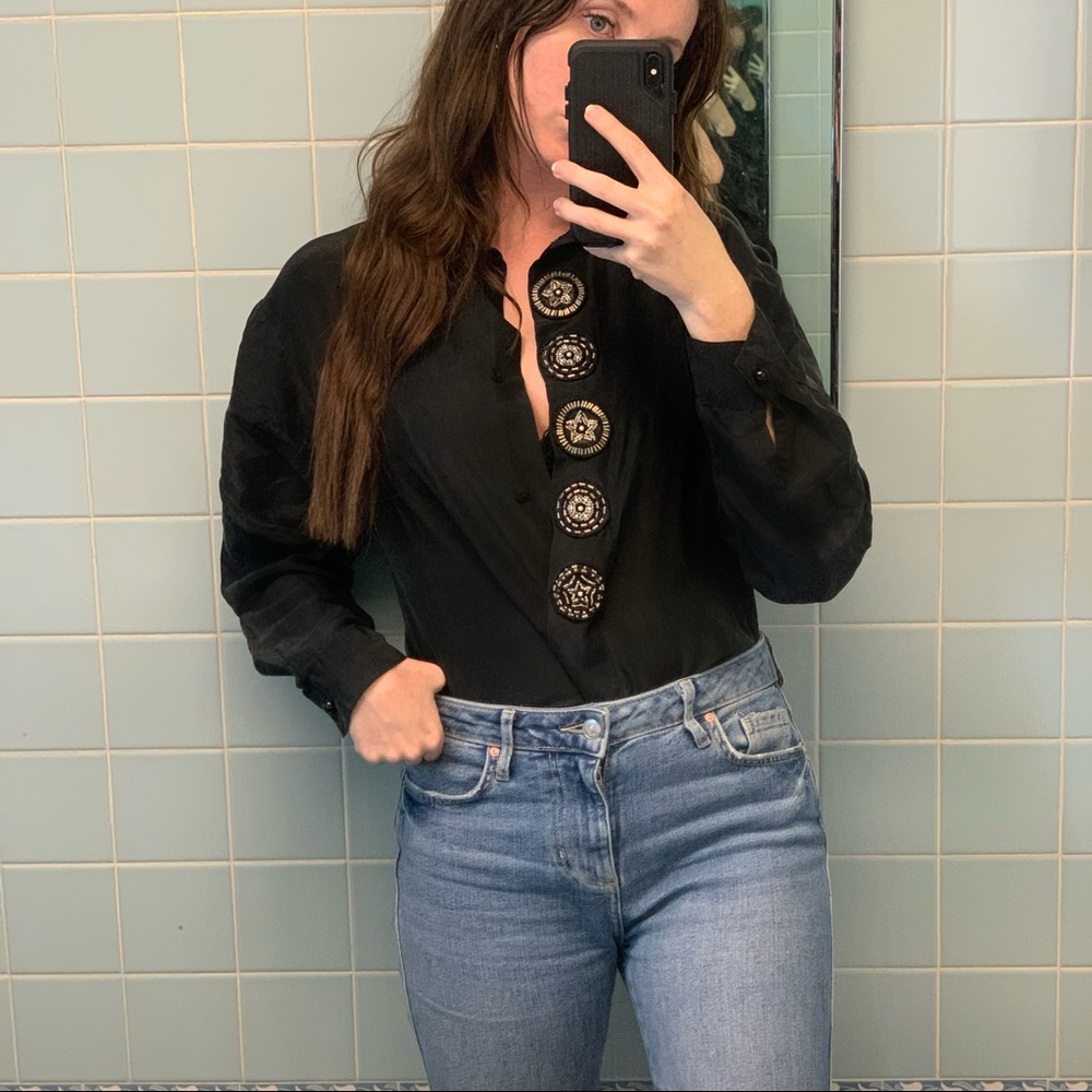 Vintage Silk Button Down Celestial Embroidered Top
